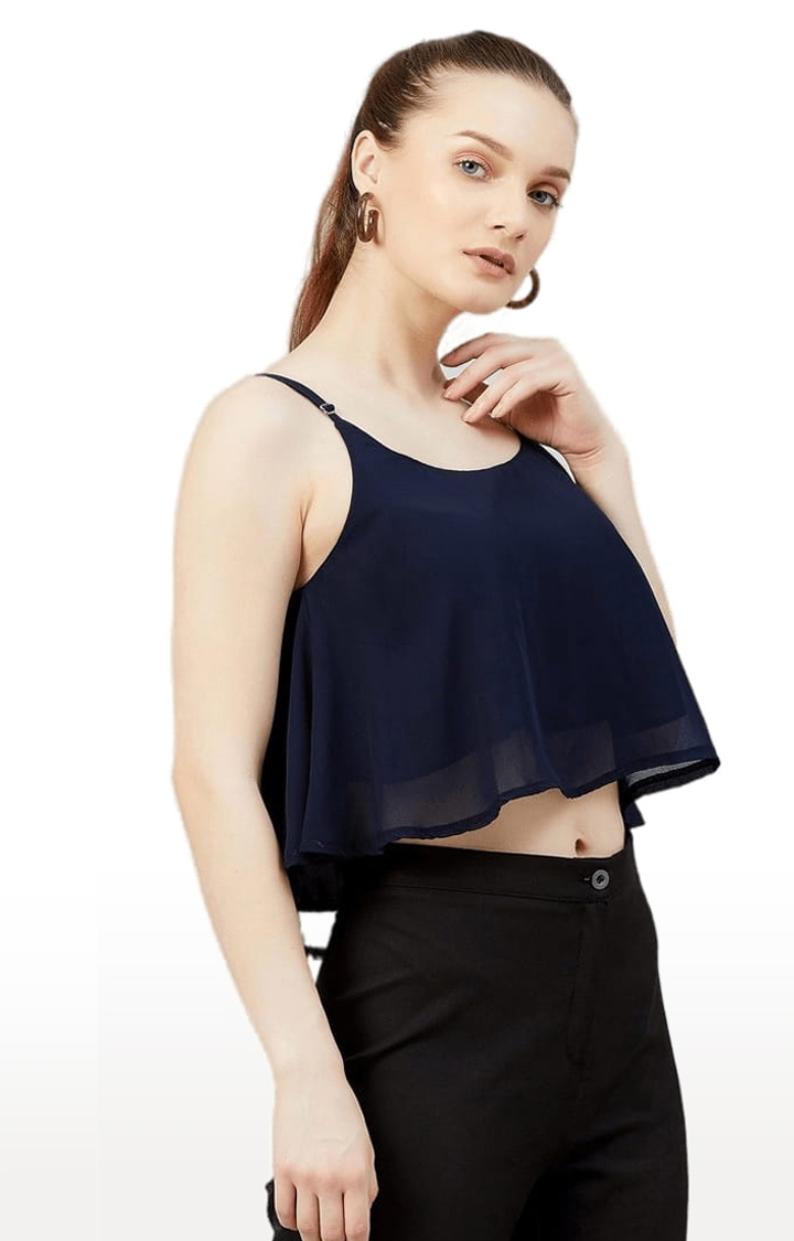 Women's Navy Georgette Solid Strappy Top