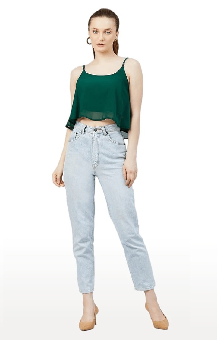 Women's Dark Green Georgette Solid Strappy Top