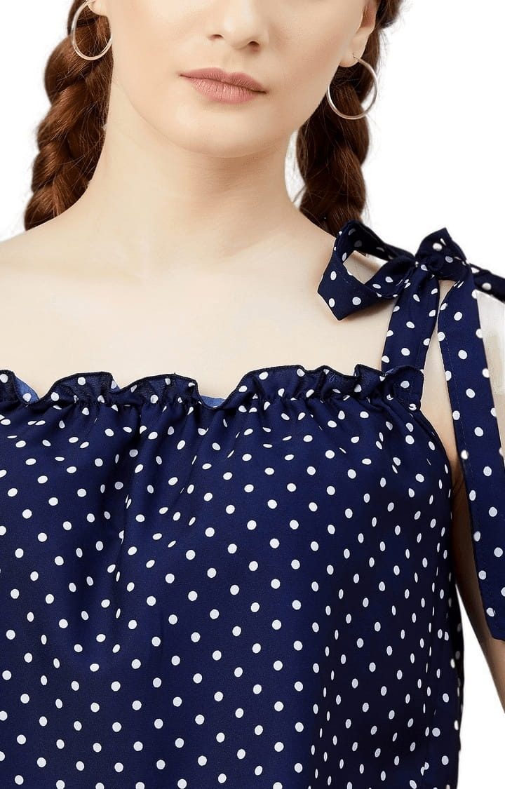 Women's Navy Crepe Polka Dots Strappy Top
