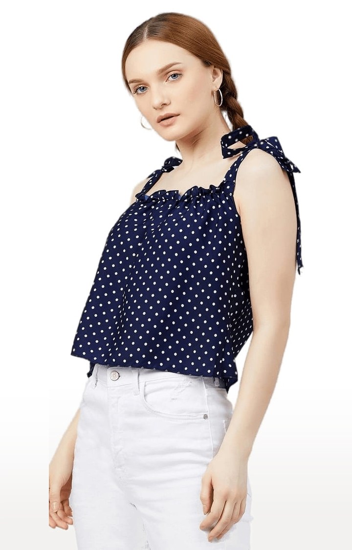Women's Navy Crepe Polka Dots Strappy Top