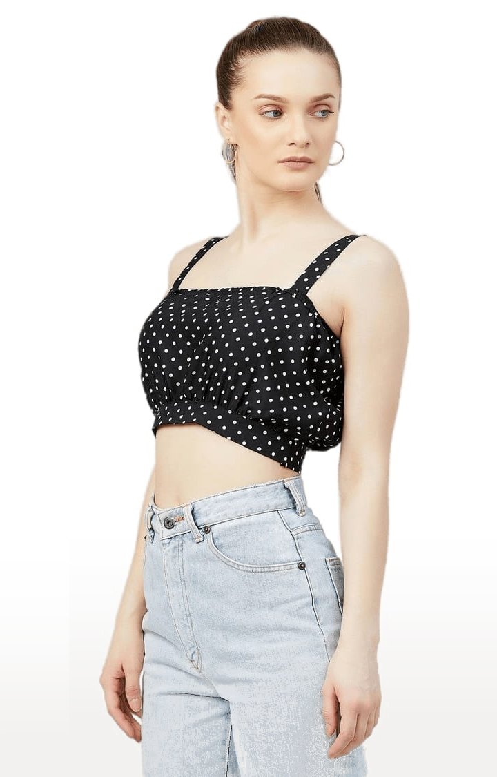 Women's Black Crepe Polka Dots Strappy Top
