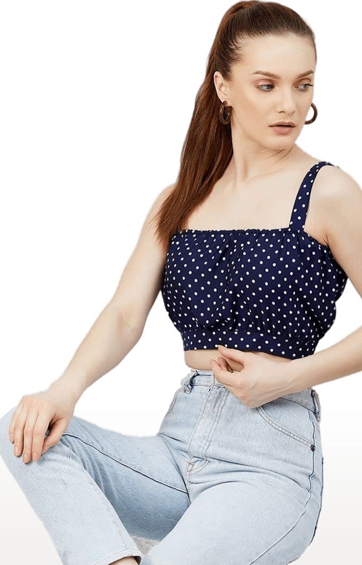 Women's Navy Crepe Polka Dots Strappy Top