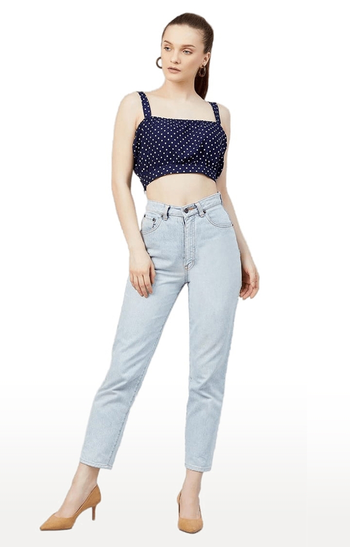 Women's Navy Crepe Polka Dots Strappy Top