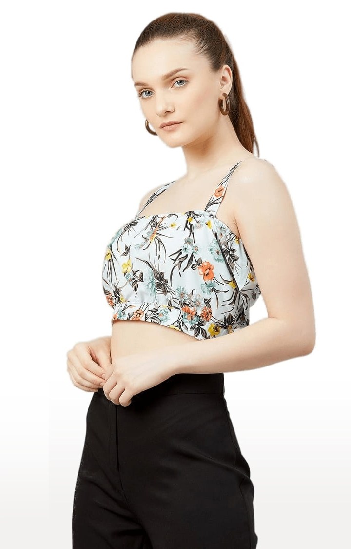 Women's Sky-blue Crepe Floral Strappy Top