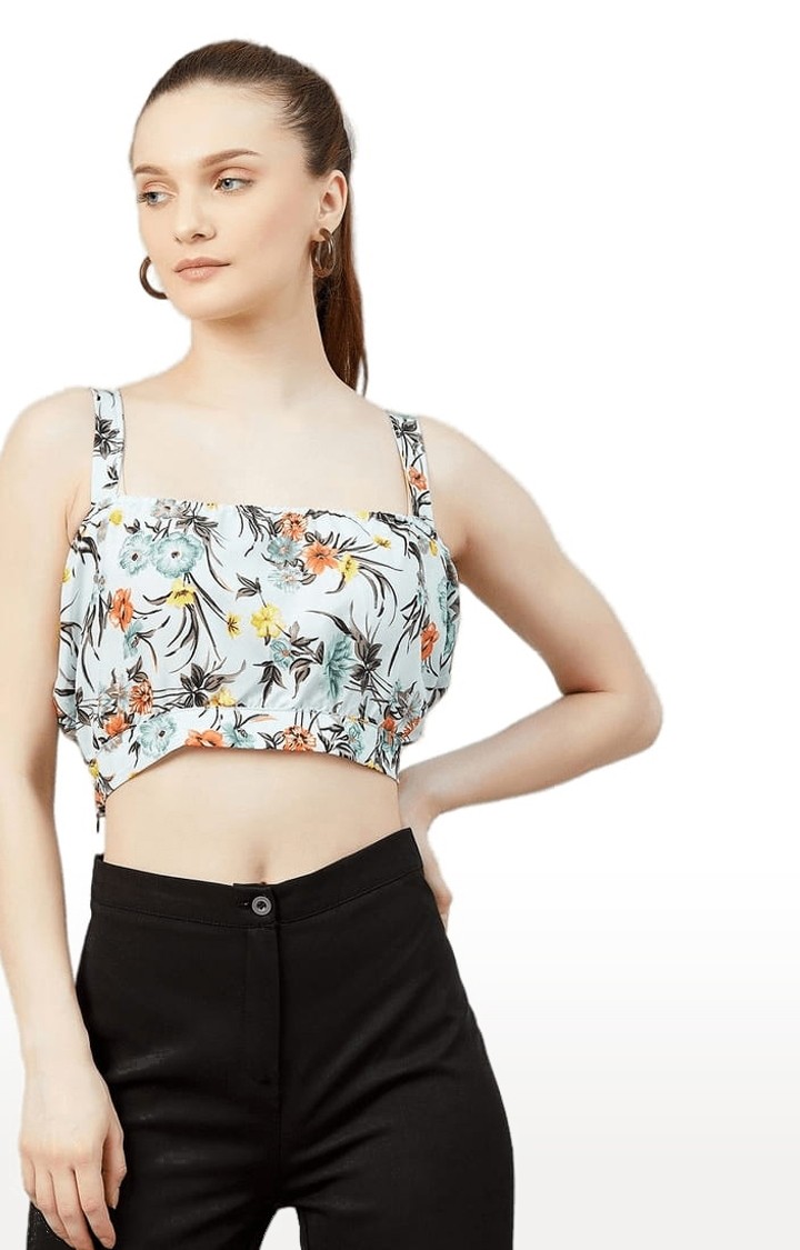 Women's Sky-blue Crepe Floral Strappy Top