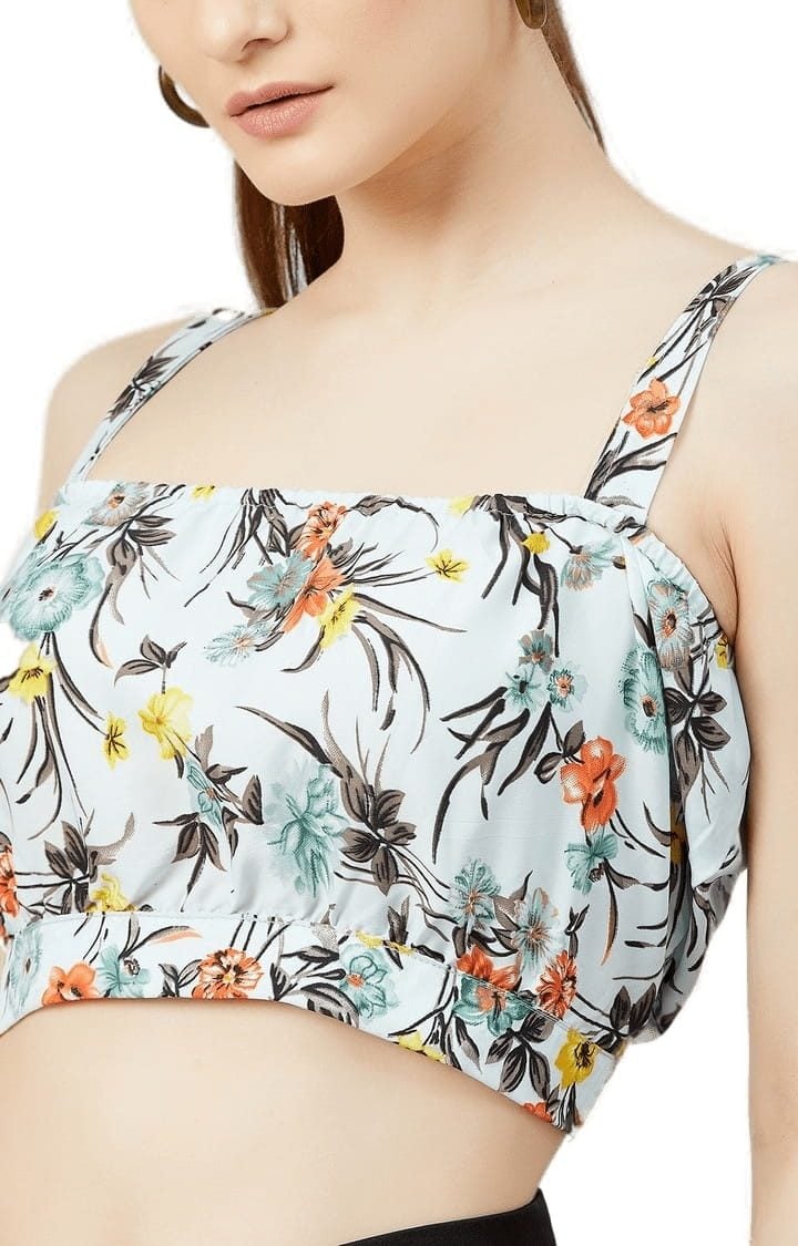 Women's Sky-blue Crepe Floral Strappy Top