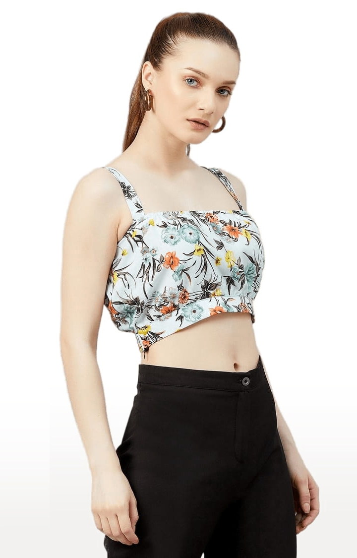Women's Sky-blue Crepe Floral Strappy Top