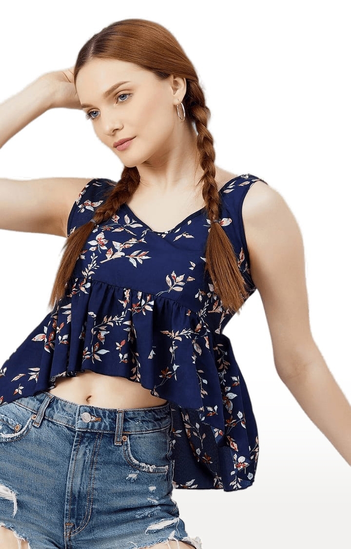 Women's Navy Crepe Floral Peplum Top