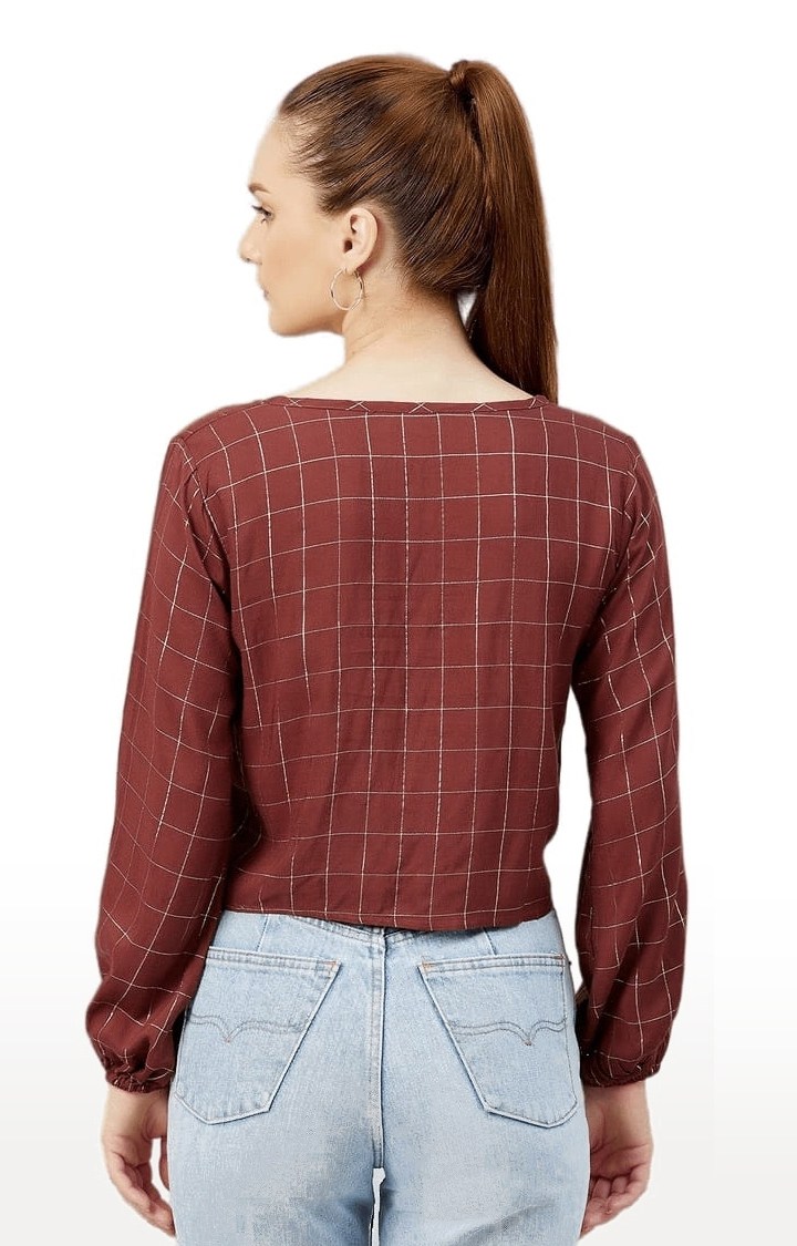Women's Maroon Viscose Checked Crop Shirt