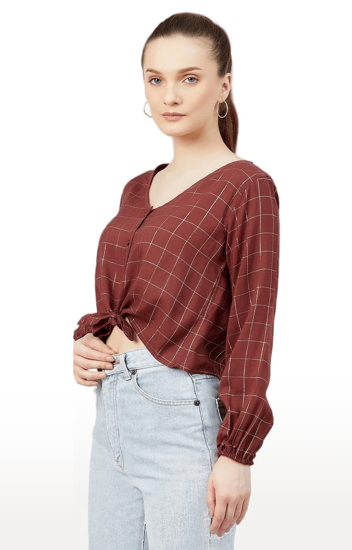 Women's Maroon Viscose Checked Crop Shirt