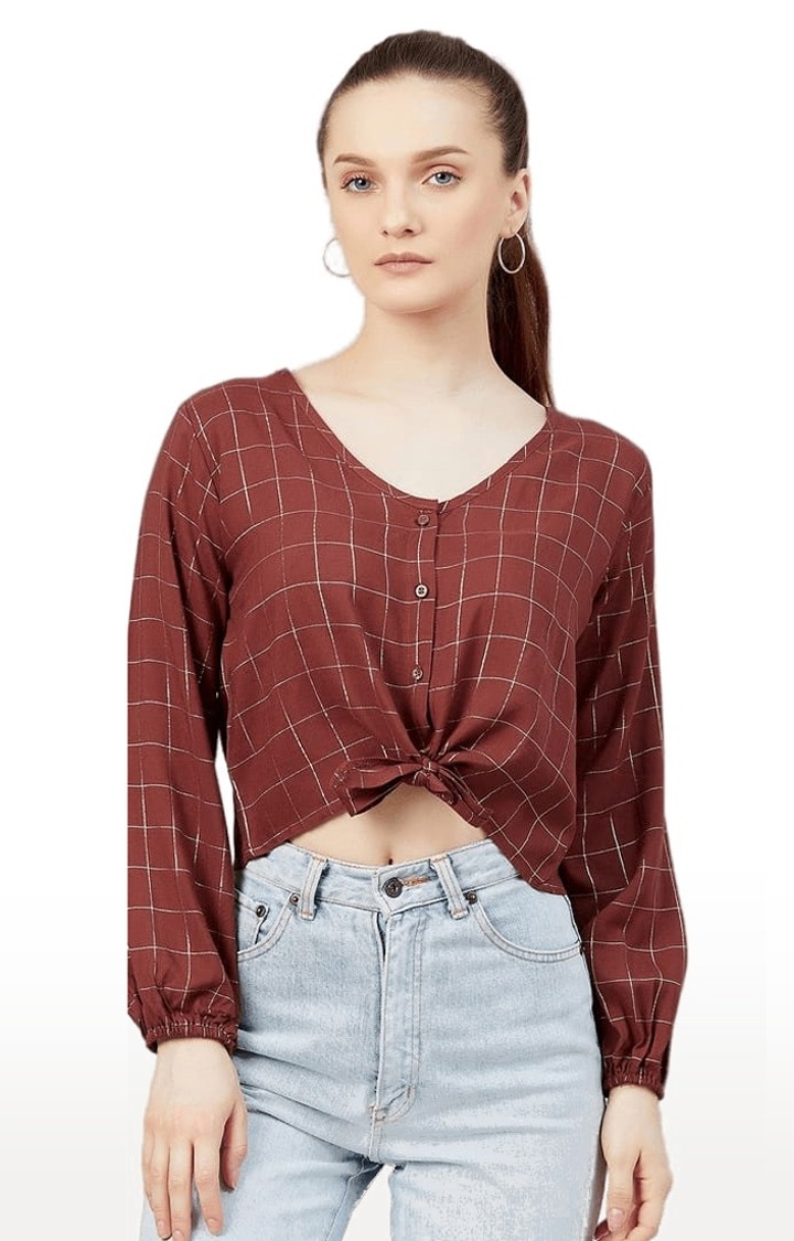 Women's Maroon Viscose Checked Crop Shirt