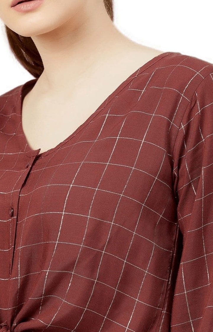 Women's Maroon Viscose Checked Crop Shirt