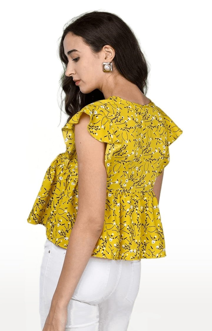 Women's Yellow Crepe Floral Peplum Top