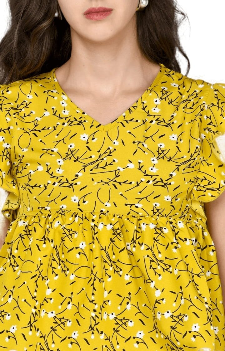 Women's Yellow Crepe Floral Peplum Top