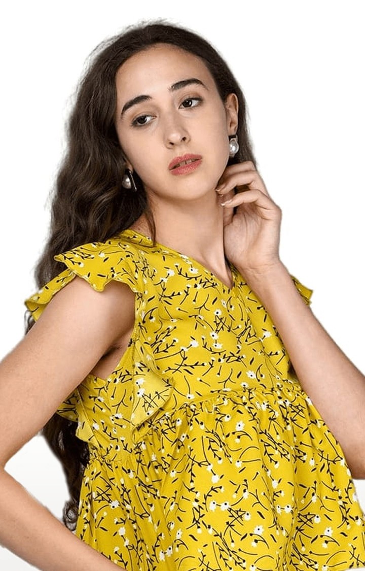 Women's Yellow Crepe Floral Peplum Top