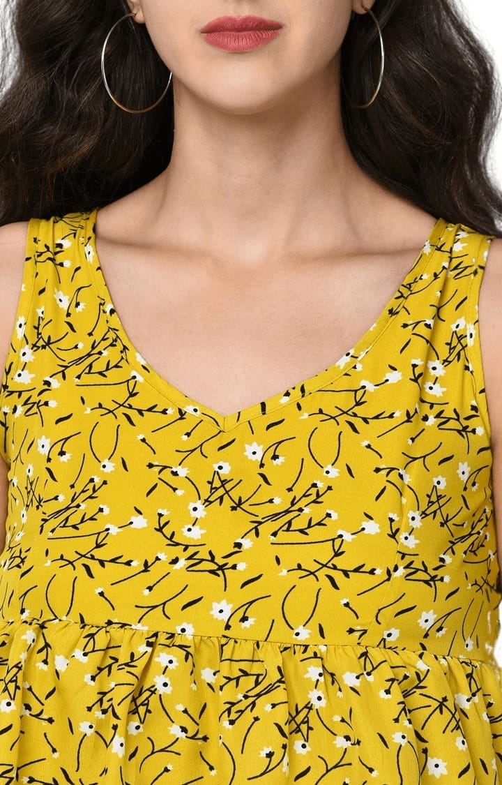 Women's Yellow Crepe Floral Peplum Top