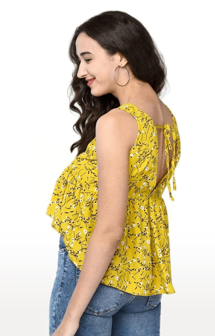 Women's Yellow Crepe Floral Peplum Top