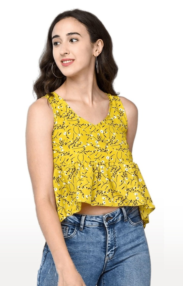 Women's Yellow Crepe Floral Peplum Top