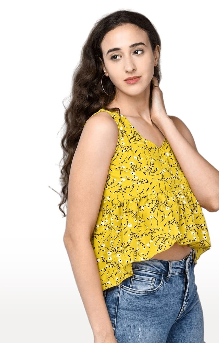 Women's Yellow Crepe Floral Peplum Top