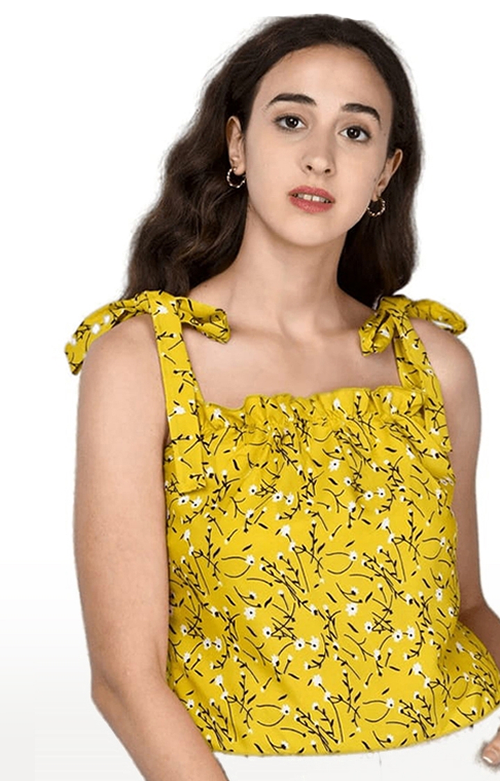 Women's Yellow Crepe Printed Strappy Top