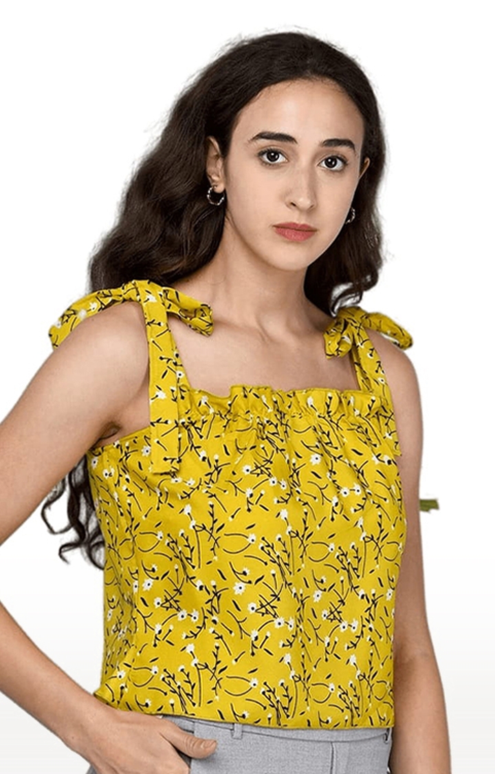 Women's Yellow Crepe Printed Strappy Top