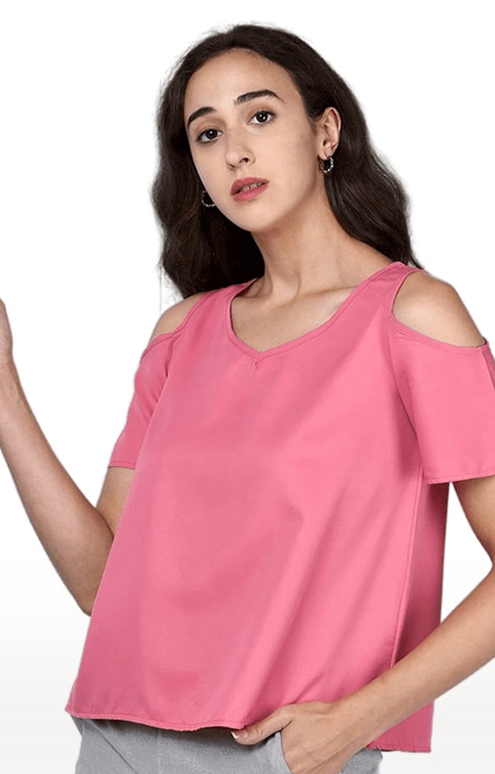 Women's Pink Polyester  Solid Blouson Top