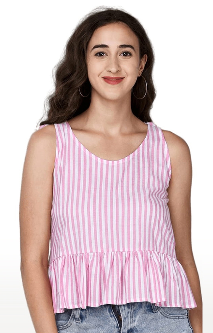 CHIMPAAANZEE | Women's Pink Viscose Striped Peplum Top