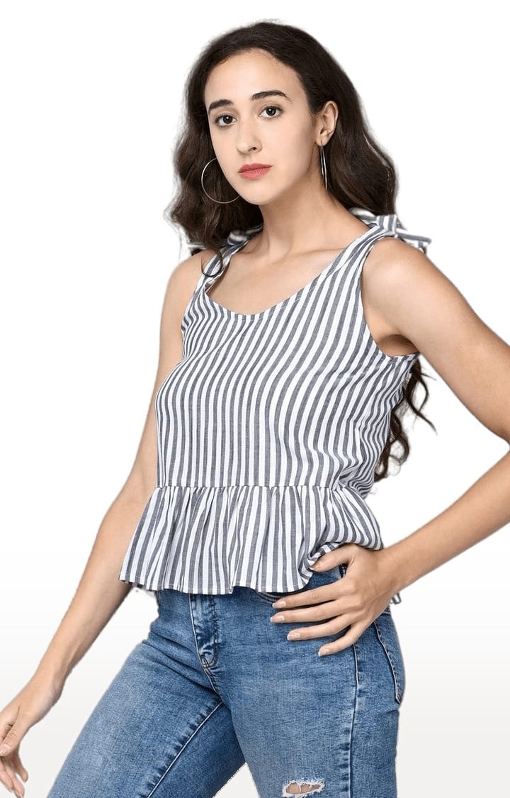 Women's Black Viscose Striped Peplum Top