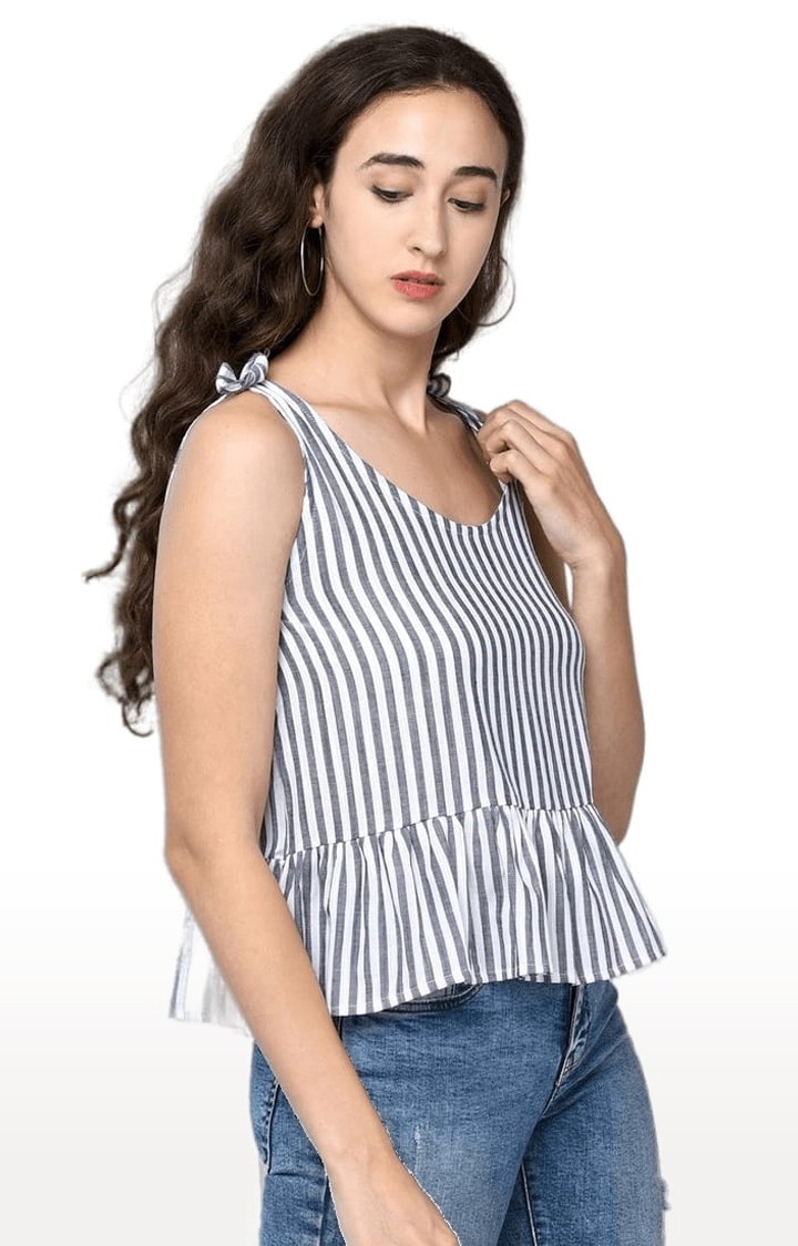 Women's Black Viscose Striped Peplum Top