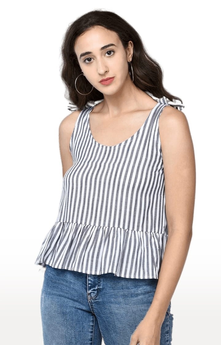 Women's Black Viscose Striped Peplum Top