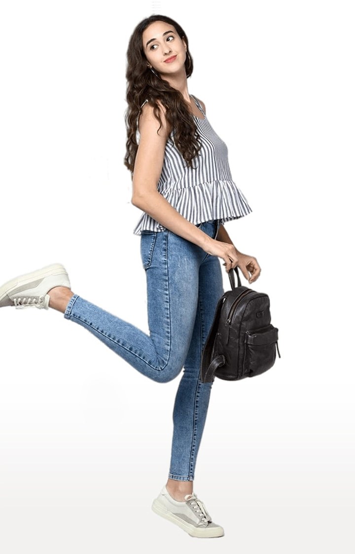 Women's Black Viscose Striped Peplum Top