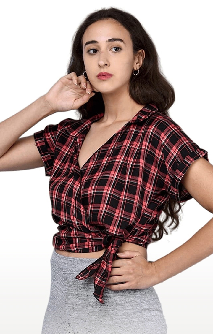Women's Pink and Black Viscose Checked Top