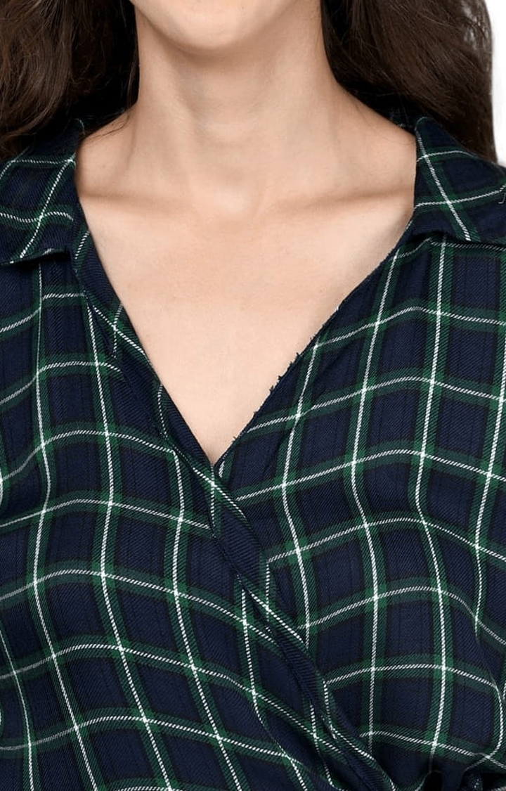 Women's Navy and Green Viscose Checked Blouson Top
