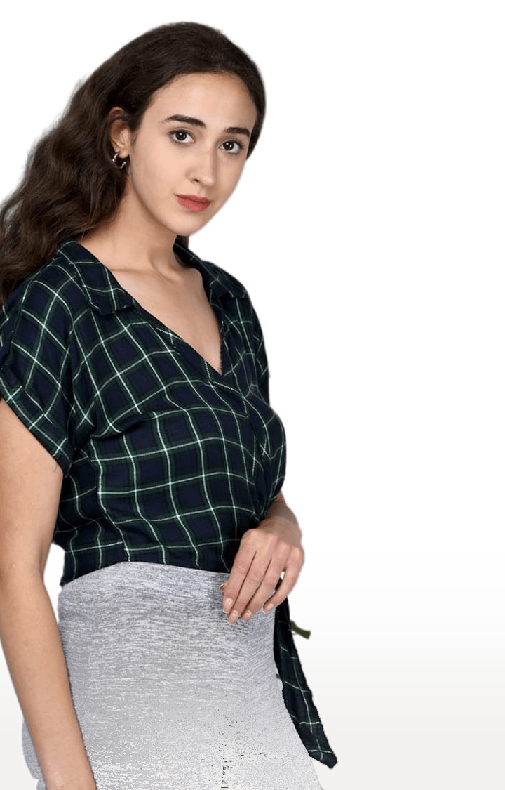 Women's Navy and Green Viscose Checked Blouson Top