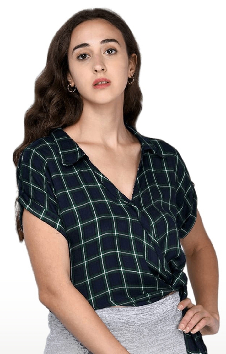 Women's Navy and Green Viscose Checked Blouson Top