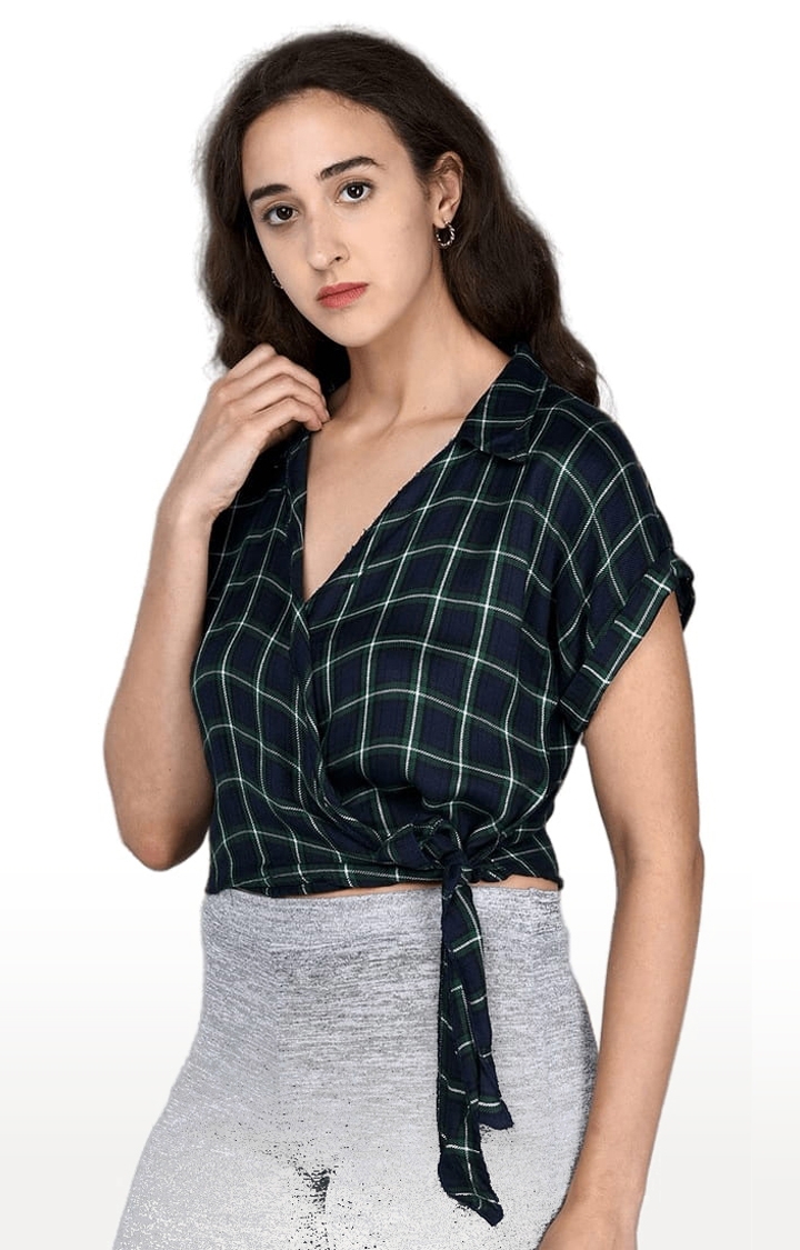 Women's Navy and Green Viscose Checked Blouson Top