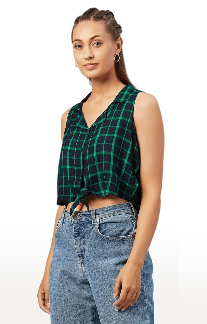 Women's Navy and Green Viscose Checked Crop Shirt