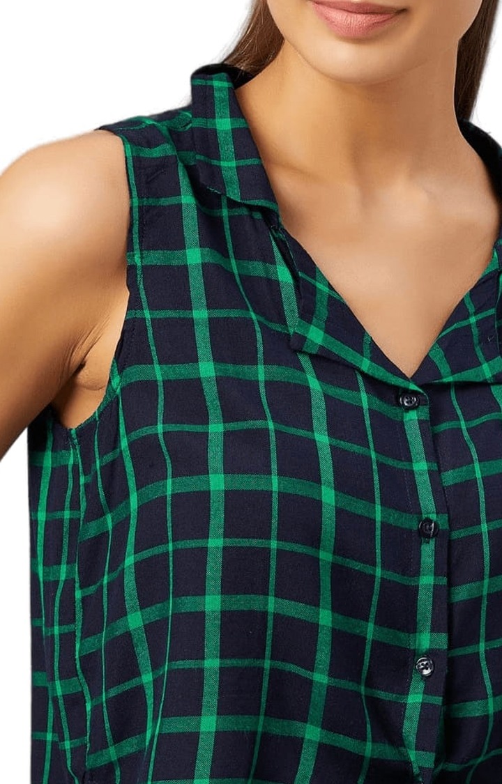 Women's Navy and Green Viscose Checked Crop Shirt