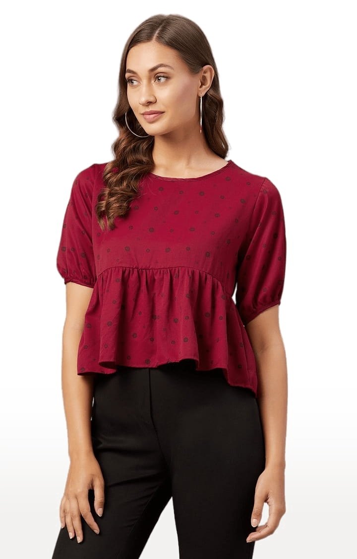 Women's Maroon Polyester Polka Dots Peplum Top