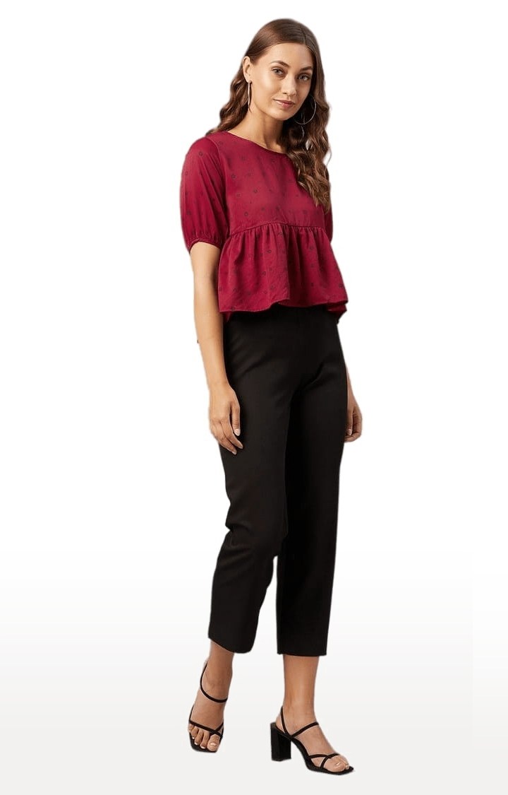 Women's Maroon Polyester Polka Dots Peplum Top