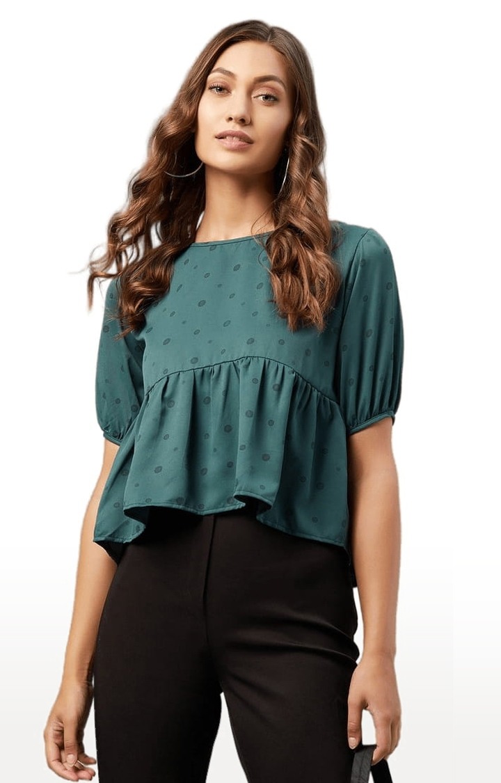 Women's Green Polyester Polka Dots Peplum Top