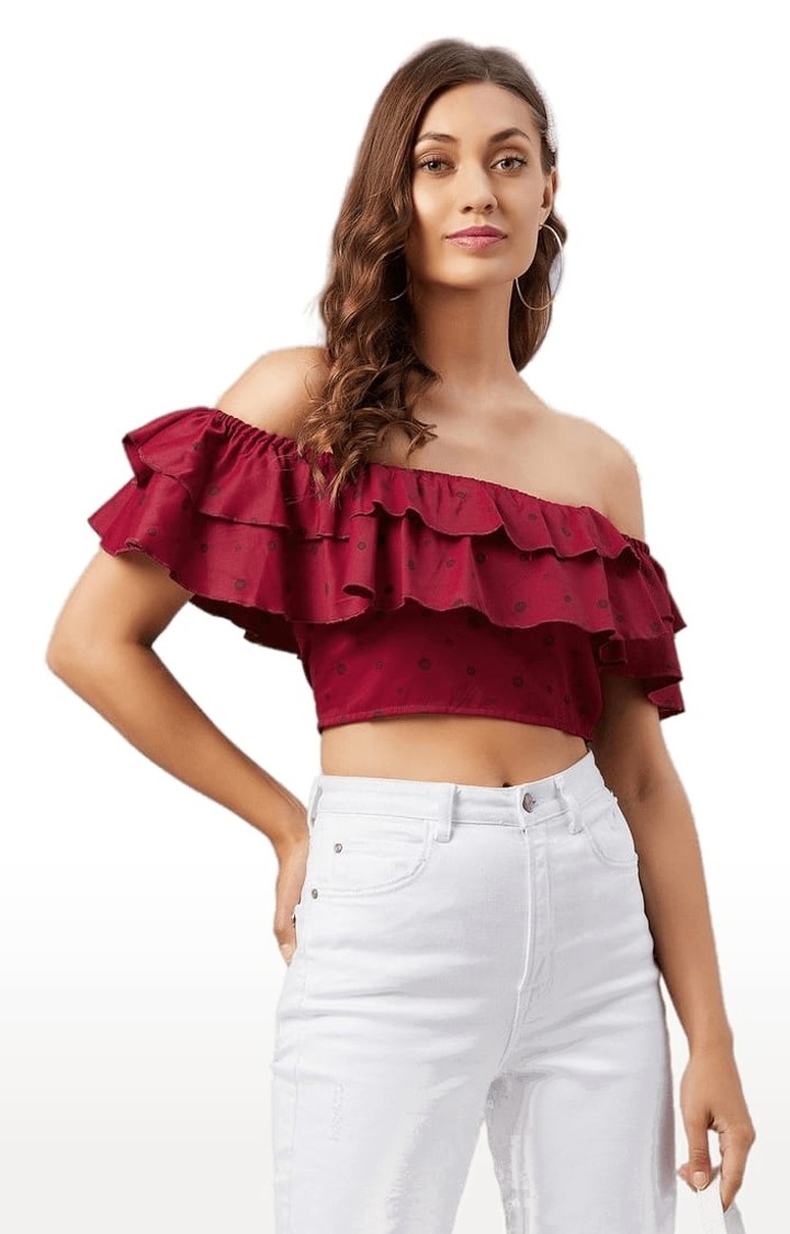 Women's Maroon Polyester Polka Dots Off Shoulder Top