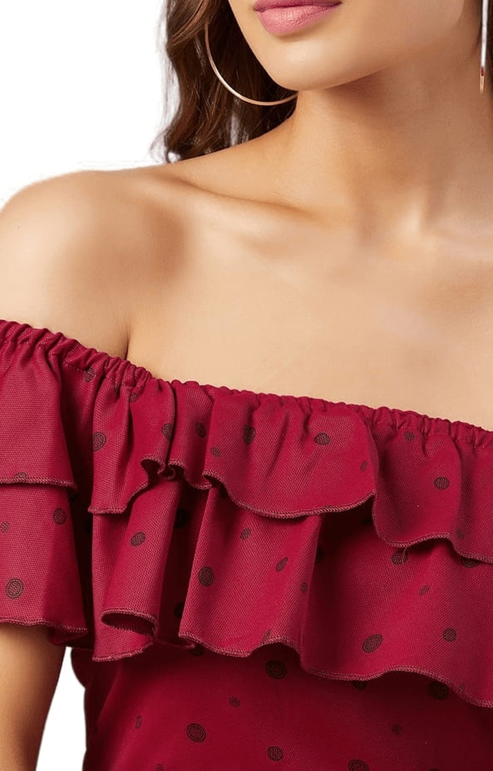 Women's Maroon Polyester Polka Dots Off Shoulder Top