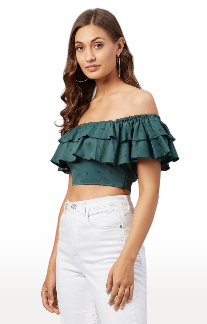 CHIMPAAANZEE | Women's Green Polyester Polka Dots Off Shoulder Top