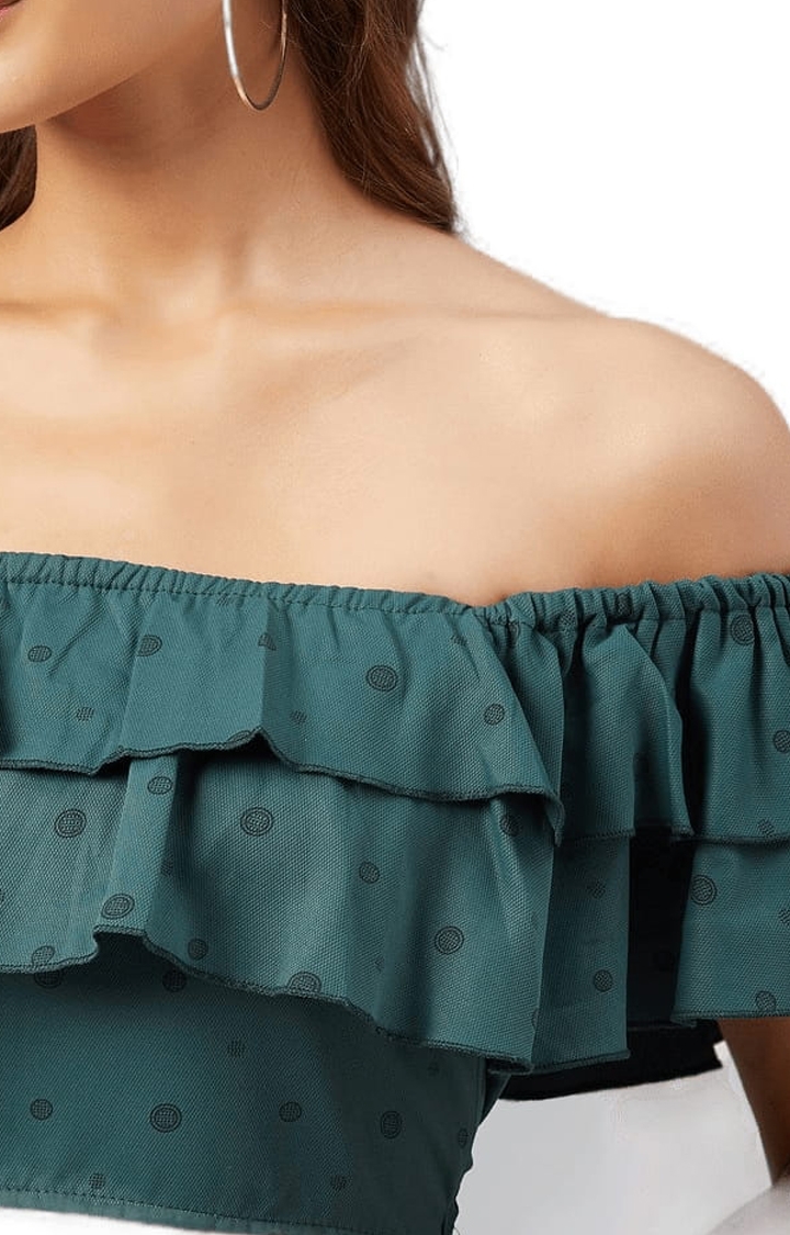 Women's Green Polyester Polka Dots Off Shoulder Top