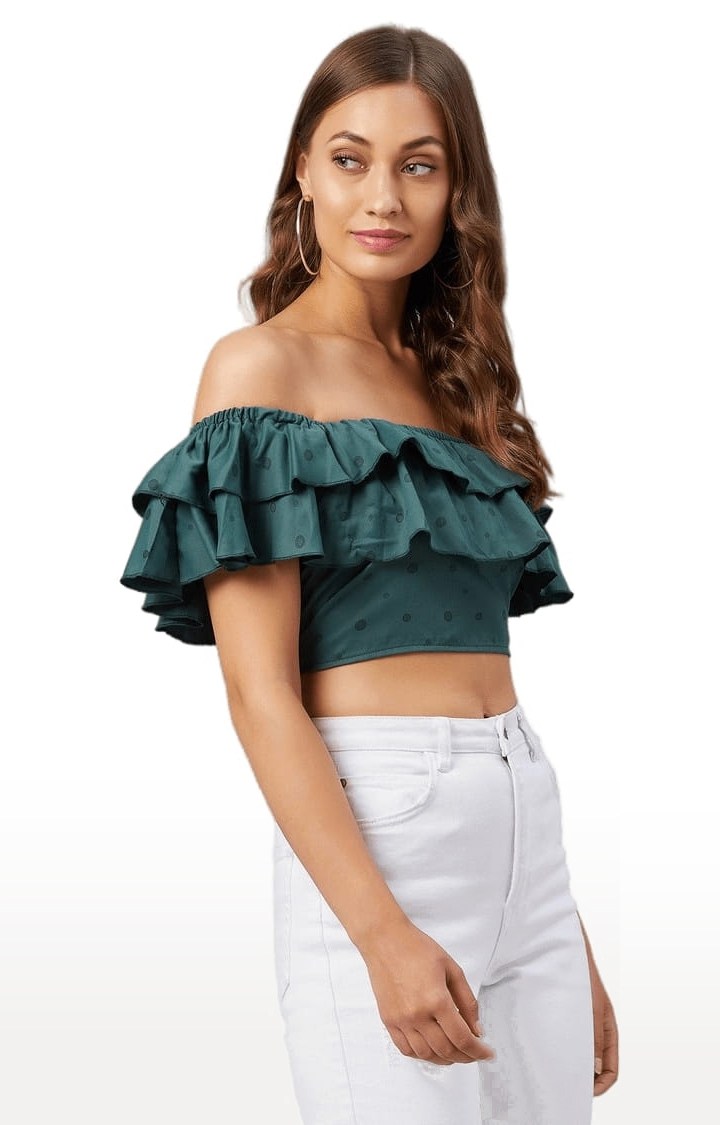 Women's Green Polyester Polka Dots Off Shoulder Top