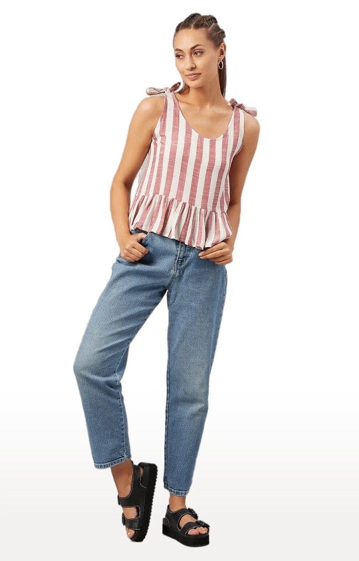 Women's Red and White Viscose Striped Peplum Top