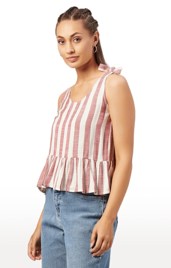 Women's Red and White Viscose Striped Peplum Top