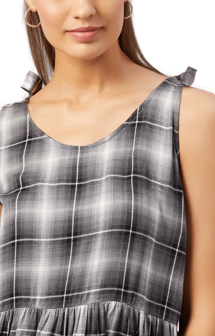 Women's Grey Viscose Checked Peplum Top