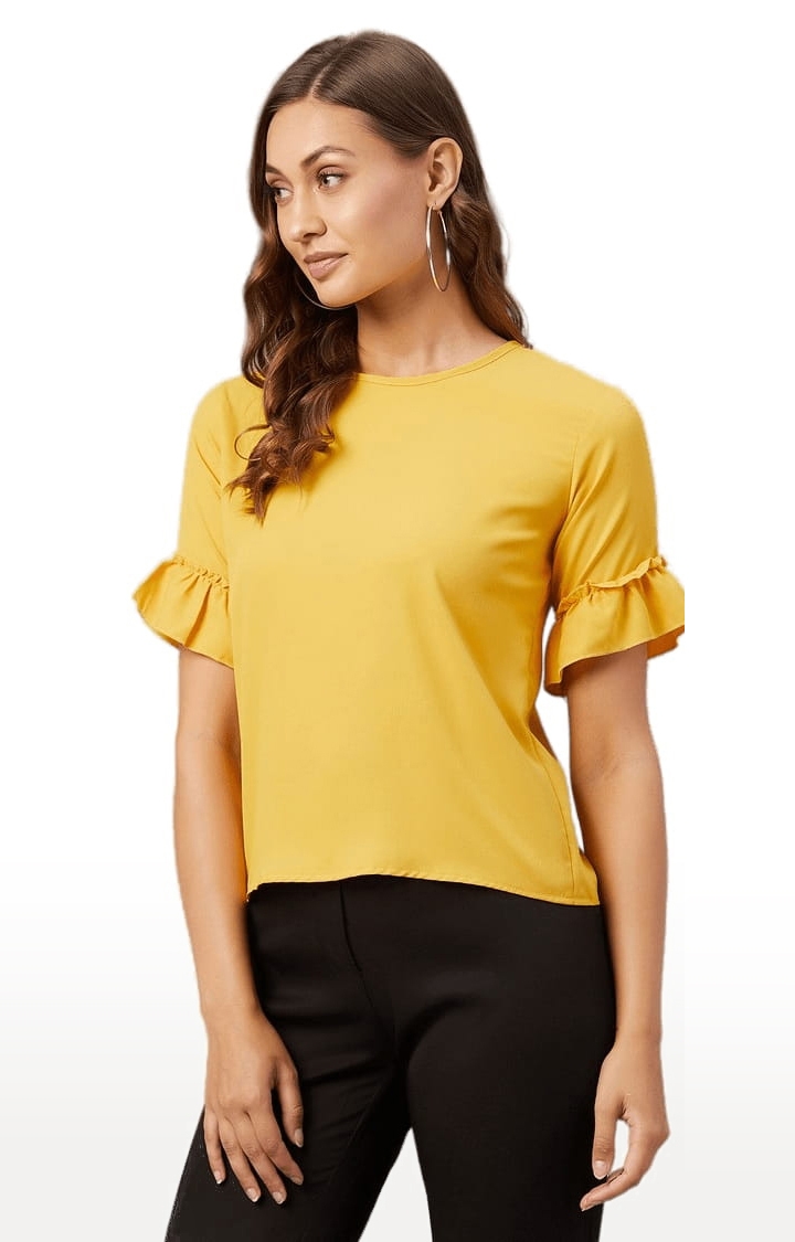 Women's Mustard Polyester  Solid Blouson Top